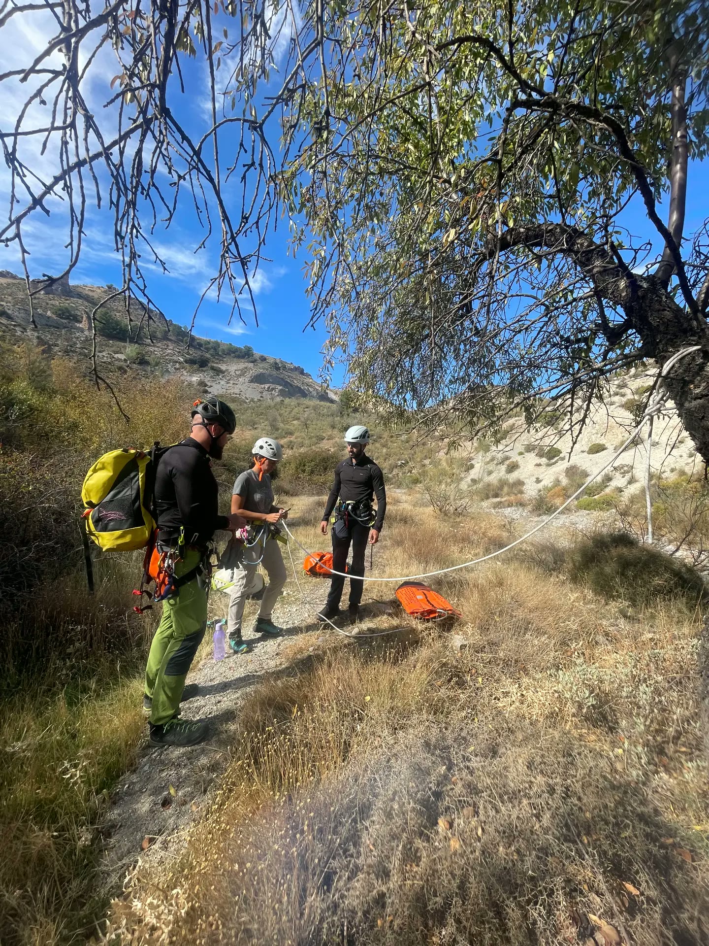 Preparing canyoning gear before the descent